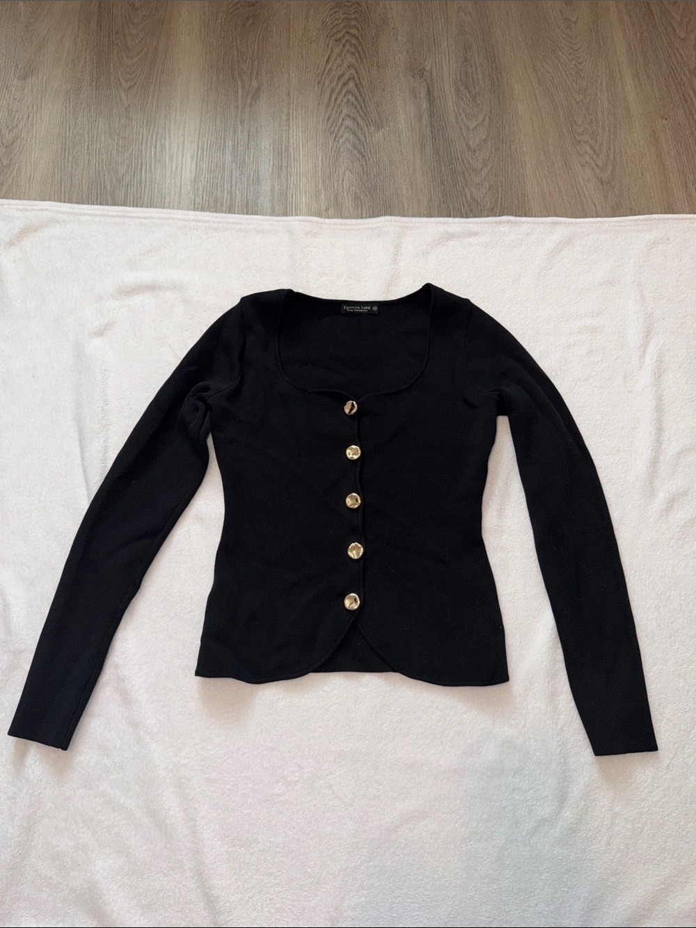 Black Long-Sleeve Scoop Neck Button-Front Top with Gold Buttons